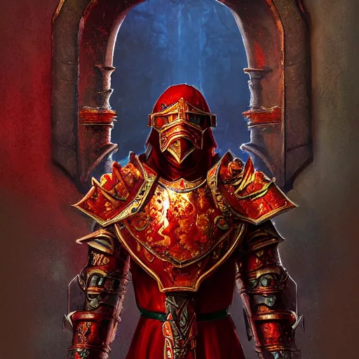 Image similar to blood paladin, fantasy art, located in a castle, legendary armor, red sunlight through the window, decorated, high quality, highly detailed,