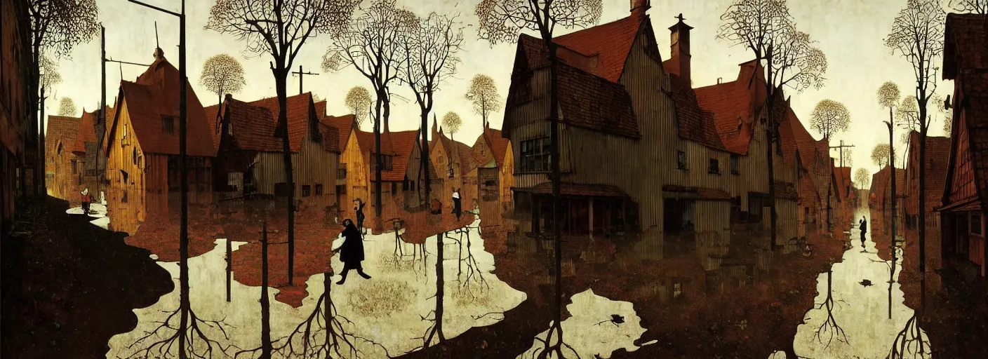 Prompt: flooded old wooden street, very coherent and colorful high contrast masterpiece by norman rockwell franz sedlacek hieronymus bosch dean ellis simon stalenhag rene magritte gediminas pranckevicius, dark shadows, sunny day, hard lighting, reference sheet white background