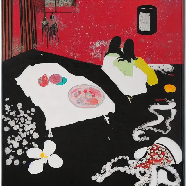 Image similar to japanese bedroom room with black walls, sensual portrait of a woman sleeping, cracked handmade pottery vase, white flowers on the floor, puddle of water, octopus, squashed berries, neo - expressionism, surrealism, acrylic and spray paint and oilstick on canvas