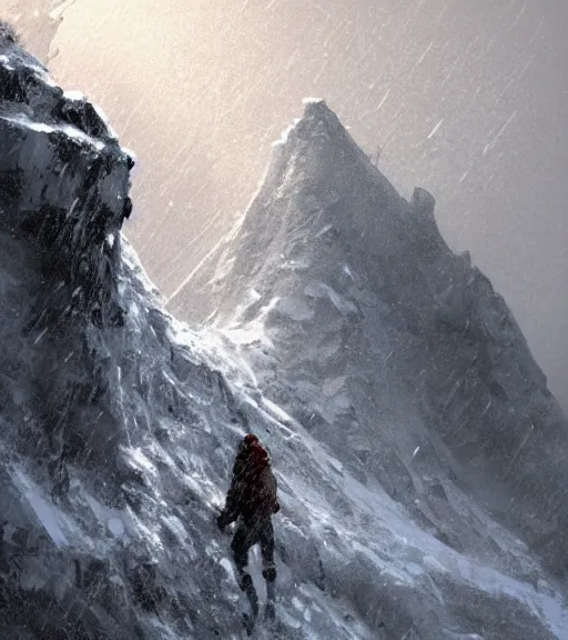 Image similar to a climber climbs a snowy mountain in a storm, close view, painting by craig mullins, octane rendering, soft morning lighting, wide angle lens, in the style of hayao miyazaki, trending on artstation,