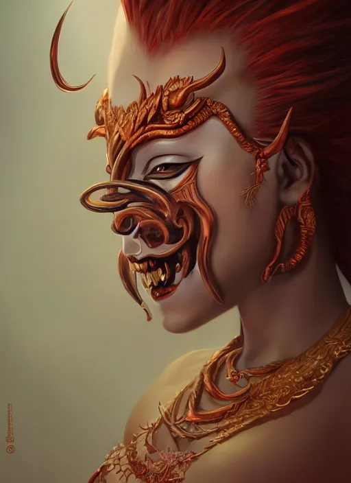 Image similar to a beautiful detailed oil on copper art illustration of a japanese namanari mask devil woman, centered, by charlie bowater, zeng fanzh, trending on artstation, dim dusk lighting, cinematic lighting, detailed lighting, volumetric lighting, realistic, f 8, 4 k hd wallpaper