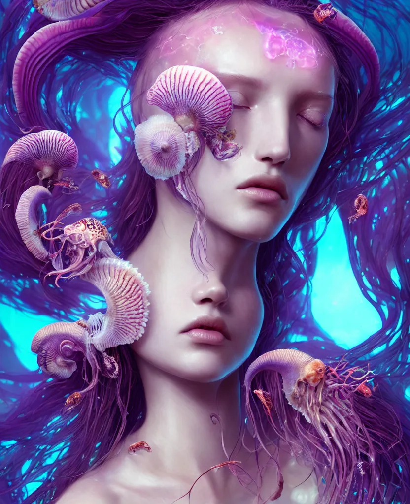 Image similar to goddess princess beautiful woman face close-up portrait ram skull. jellyfish phoenix head, nautilus, orchid, skull, betta fish, bioluminiscent creatures, intricate artwork by Tooth Wu and wlop and beeple. octane render, trending on artstation, greg rutkowski very coherent symmetrical artwork. cinematic, hyper realism, high detail, octane render, 8k