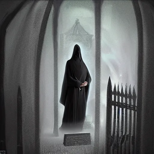 Image similar to A woman dressed in a black hooded robe, wielding daggers, she is lurking in the shadows of a graveyard, digital art