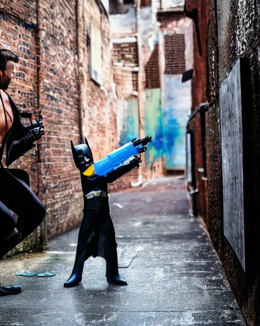 Image similar to happy batman firing super soaker water gun in an alleyway, everyone having fun, toy product advertisement, photography