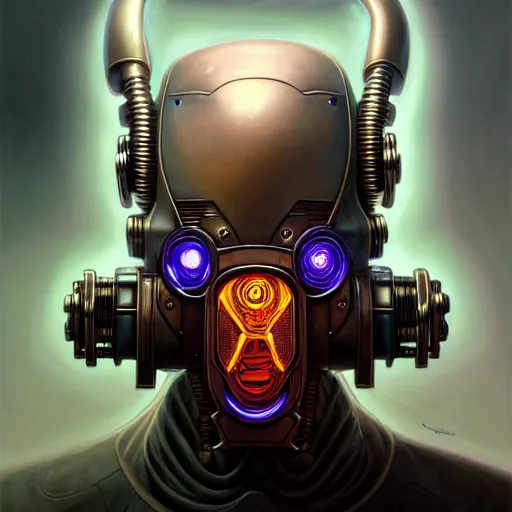 Image similar to low angle portrait shot of a cyberpunk gazmask robot character, intricate, elegant, highly detailed, centered, digital painting, artstation, concept art, smooth, sharp focus, illustration, artgerm, Tomasz Alen Kopera, Peter Mohrbacher, donato giancola, Joseph Christian Leyendecker, WLOP, Boris Vallejo