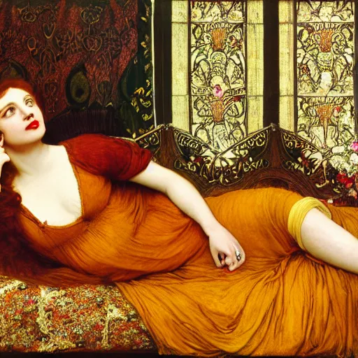 Image similar to preraphaelite photography reclining on bed, a hybrid of judy garland and lady gaga, aged 2 5, big brown fringe, yellow ochre ornate medieval dress, charles sillem lidderdale, john william waterhouse, kilian eng, rosetti, john everett millais, william holman hunt, william morris, 4 k