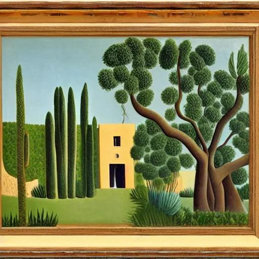 Prompt: A villa in the middle of the desert, fountain, olive trees, ornaments by Henri Rousseau