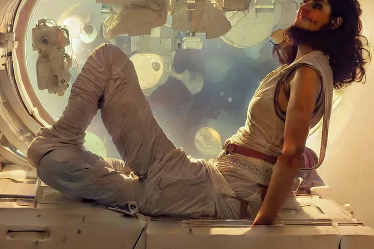 Image similar to Sensual good looking pale young Indian doctors wearing jeans partying in a space station above Earth performing surgery, portrait, elegant, intricate, digital painting, artstation, concept art, smooth, sharp focus, illustration, art by artgerm and greg rutkowski and alphonse mucha