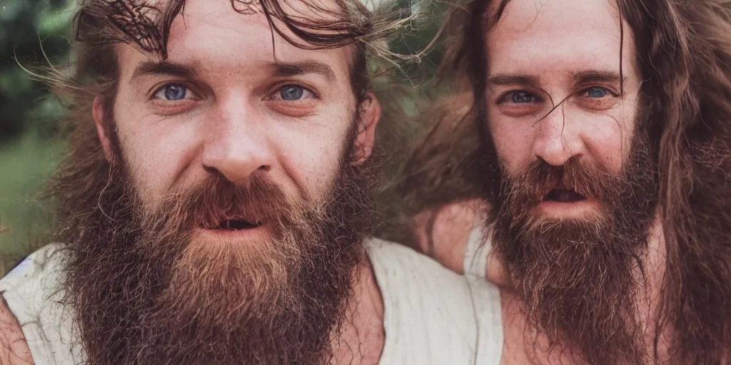 Image similar to extremely muscular beautiful handsome redneck white male with long beard, wearing dirty overalls, dirty greasy face, grin, portrait, close up, kodak gold 2 0 0, 5 0 mm