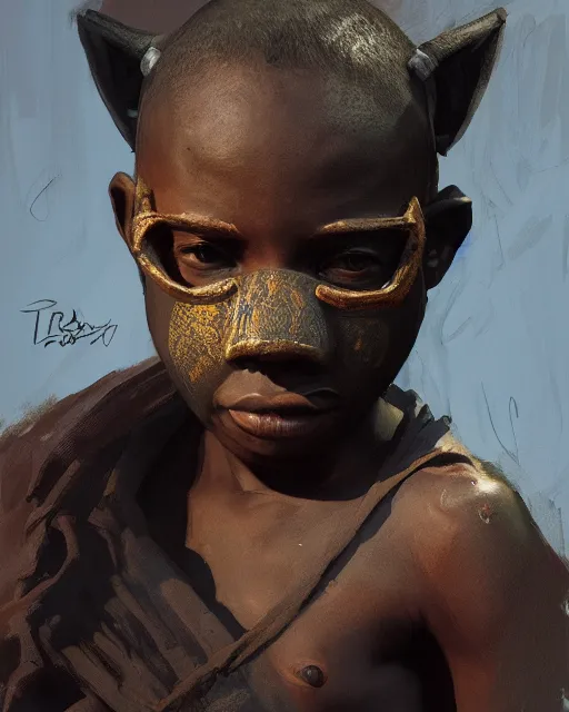 Prompt: portrait of an african boy with a wodden mask, dramatic lighting concept art by craig mullins and ruan jia and raphael lacoste, trending on artstation,