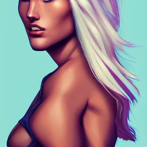 Prompt: a stunning upper body portrait of a beautiful woman with waving bleach blonde hair by marvel comics, digital art, trending on artstation