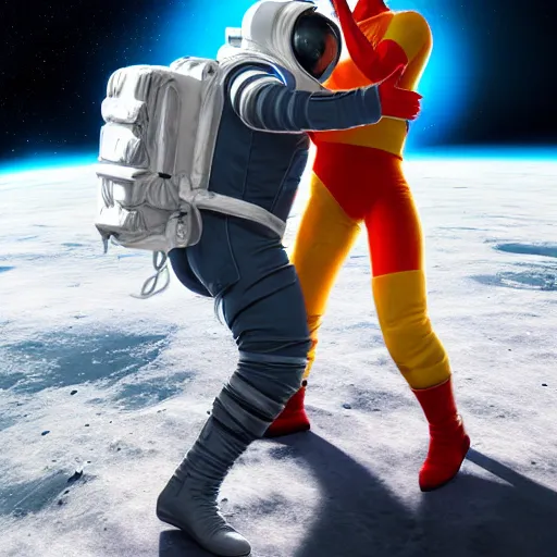 Image similar to A hyper real comic book style portait painting of two astronauts dancing Salsa on the moon, unreal 5, hyperrealistic, octane render, cosplay, RPG portrait, dynamic lighting