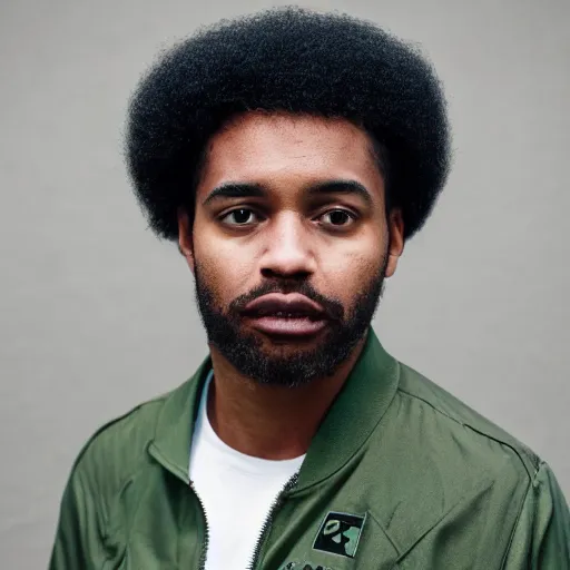 Image similar to photograph of a black man with afro hair and stubble wearing an adidas army green jacket ( ( ( the size of a tower ) ) ), looming over dublin