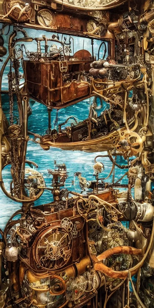 Image similar to a vintage steampunk living submarine by alexander jansson and where's waldo and leonardo da vinci