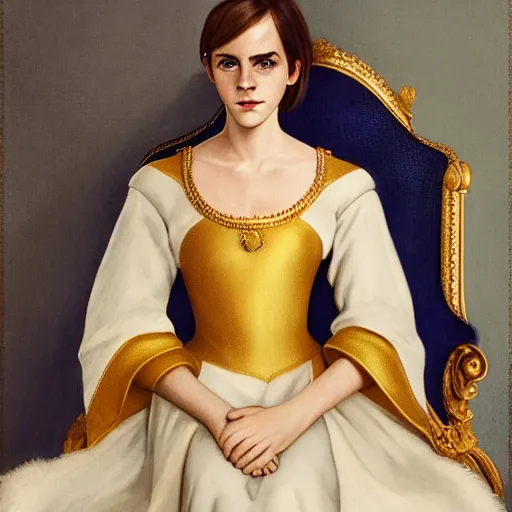 Image similar to model Emma Watson sitting on queens throne royalty wearing royal mantle gold jewelry by moebius and atey ghailan by james gurney by vermeer by George Stubbs trending on artstation