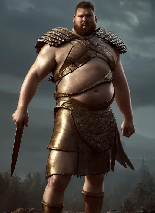 Image similar to full body hyper realistic illustration of Ibai Llanos as a spartan hoplite hero, big guy and big belly, perfect facial symmetry + dim volumetric lighting, 8k octane beautifully detailed render, post-processing, extremely hyperdetailed, intricate, epic composition, grim yet sparkling atmosphere, cinematic lighting + masterpiece, trending on artstation