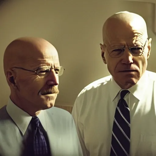 Image similar to “35mm realistic screenshot of Joe Biden and Walter White in an episode of Breaking Bad, atmospheric lighting, award-winning”