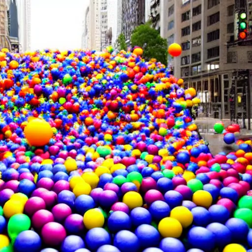 Image similar to millions of colorful bouncy balls are bouncing the streets of new york city