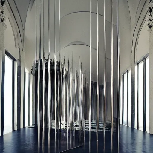 Image similar to giant Italian modern castle living room, clean minimalist design, that is 1300 feet tall, with very tall giant walls filled with modern art paintings, doors that are cosmic portals, photo by Annie Leibovitz, with modern steel sculpture by Tony Cragg