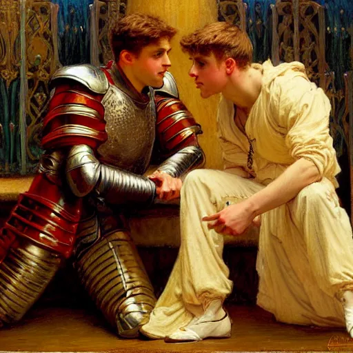 Image similar to attractive fully clothed arthur pendragon confesses his love for his attractive fully clothed male knight. highly detailed painting by gaston bussiere and j. c. leyendecker 8 k