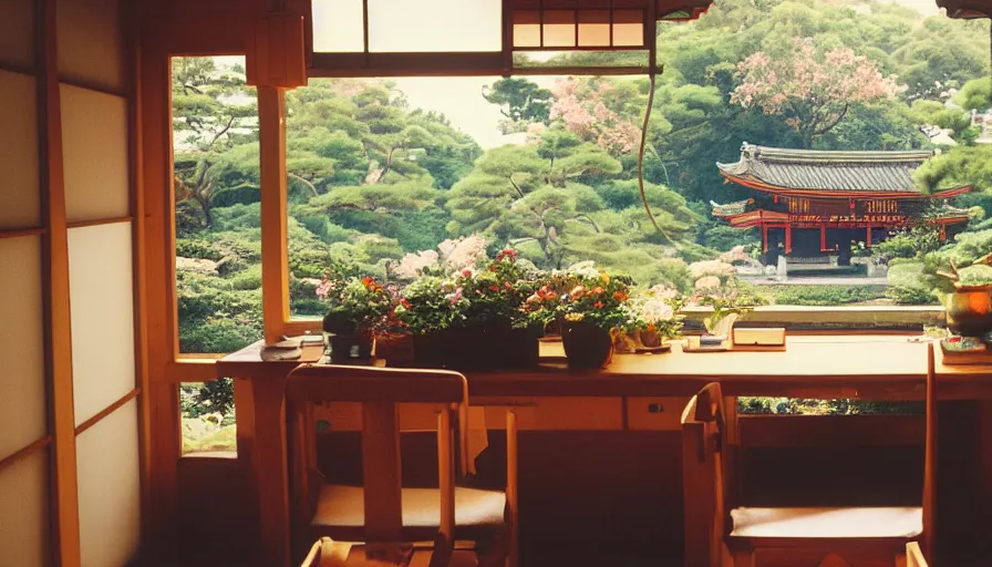 Prompt: 1 9 9 0 s candid 3 5 mm photo of a beautiful day in the a dreamy japanese flowery cottage, cinematic lighting, cinematic look, golden hour, a desk for flower arrangements has sun shinning on it through a window, temple in the distance, uhd