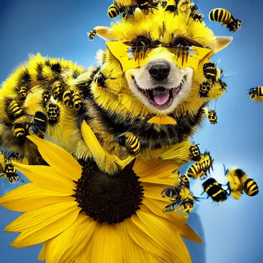 Prompt: bumblebee dog with bumblebee coat wearing a sunflower covered in bumblebees as a hat, photo realistic, studio lighting, realistic shadows, 4 k