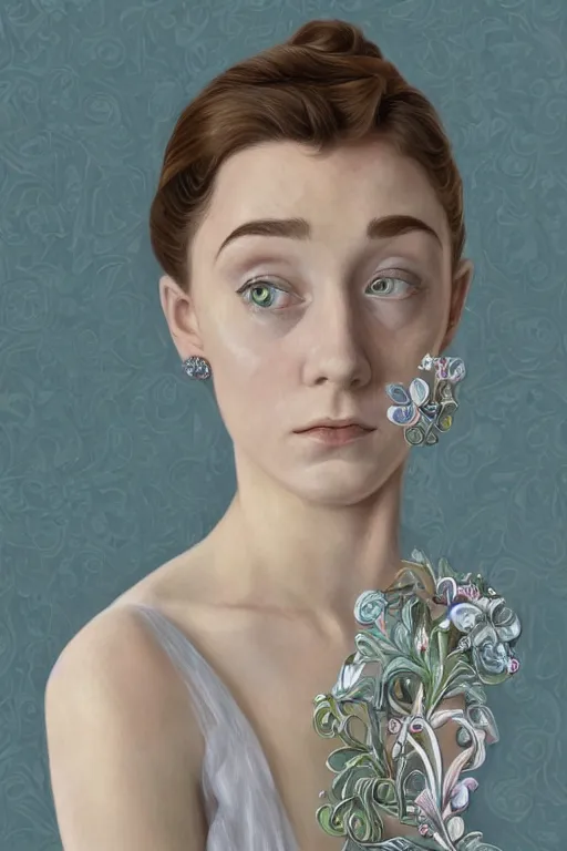 Image similar to a full body art nouveau portrait of a 16-year old girl who resembles Audrey Hepburn and Saoirse Ronan with a worried, intense gaze and slightly opened mouth, wearing sheer silks and ornate intricate iridescent mother-of-pearl jewelry, intricate, elegant, highly detailed, digital painting, artstation, concept art, smooth, sharp focus, illustration, art by John William Waterhouse and Bouguereau and Donato Giancola and alphonse mucha