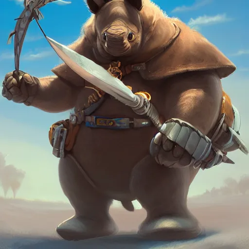 Prompt: An adorable anthropomorphic blue rhino wearing adventurer's clothing, highly detailed, digital painting, artstation, concept art, smooth, sharp focus, studio light, by Justin Gerard and Jason Chan,