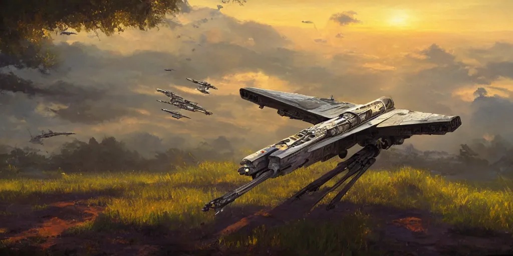 Image similar to an extraordinarily beautiful oil painting of an x - wing fighter in a landscape in spring during sunrise ; lush vegetation ; the most beautiful painting in the world ; by makoto shinkai and craig mullins