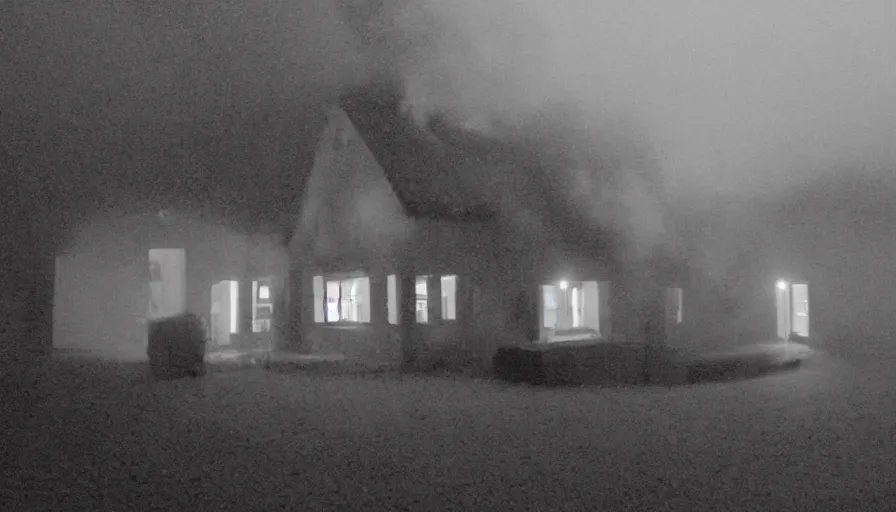 Prompt: mini dv camera found footage of a heavy burning french style little house by night, rain, foggy, in a small northern french village, by sony mini dv camera, heavy grain, low quality, high detail, dramatic light, anamorphic, flares