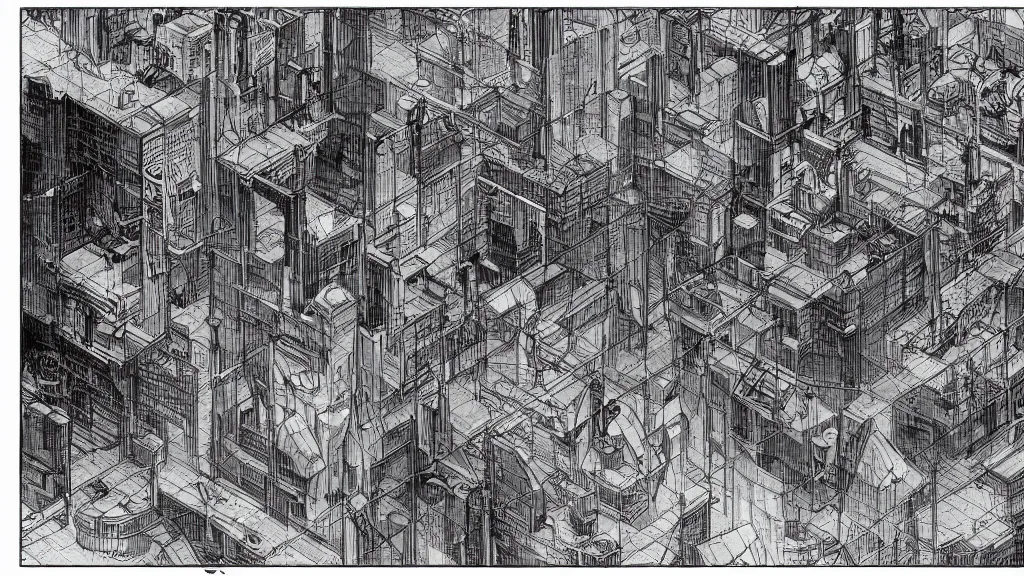 Prompt: full page scan of 1400s detailed concept art, cyberpunk, mathematics and geometry, architecture, sewage system, urban section, floor plan, architectural section, post apocalyptic, desaturated, neon blue, 8K matte, good lighting, concept in the style of blame! manga