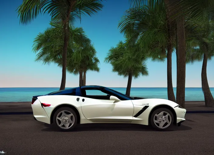 Prompt: hyperrealism, detailed textures, photorealistic 3 d render, a dreamy beach in cuba, a photo realistic 1 9 9 9 corvette stingray with a blazing pearl white colour scheme, mickey thompson tires, centrerline rims, sharp focus, ultra realistic, ultra high pixel detail, cinematic, intricate, cinematic light, concept art, illustration, art station, unreal engine 8 k