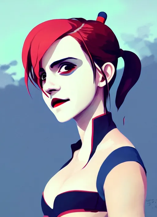 Image similar to portrait of emma watson as harley quinn, cloudy sky background lush landscape illustration concept art anime key visual trending pixiv fanbox by wlop and greg rutkowski and makoto shinkai and studio ghibli