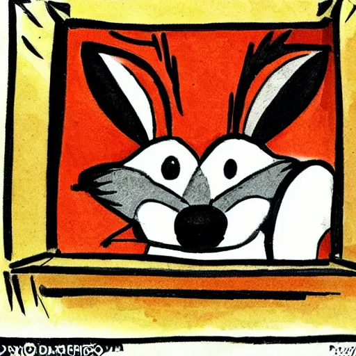 Image similar to fox peeking out from a box, cartoon drawing