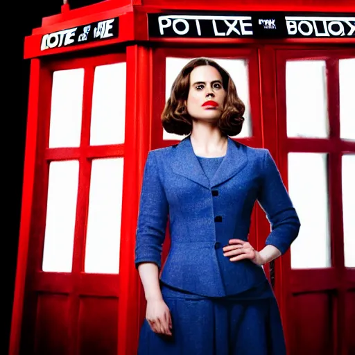 Image similar to a beautiful full body photograph of hayley atwell dressed as ( ( doctor who ) ) standing in front of the tardis, symmetrical face, extreme realism and detail, 8 k, completely framed, direct lighting, 3 5 mm photo, photorealistic, sharp focus