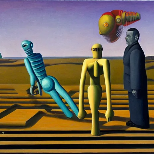 Image similar to prostrate robots, behemoth alien shaman god, grant wood, pj crook, edward hopper, oil on canvas