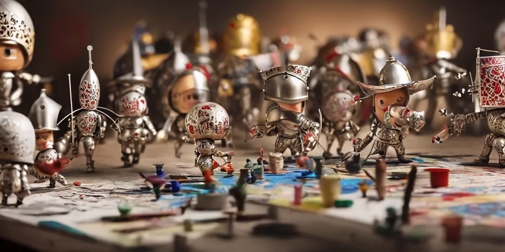 Image similar to closeup portrait of tin toy knights fighting on white paper table in an artist workshop, depth of field, zeiss lens, detailed, centered, fashion photoshoot, by nicoletta ceccoli, mark ryden, lostfish, breathtaking, 8 k resolution, extremely detailed, beautiful, establishing shot, artistic, hyperrealistic, octane render