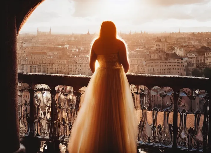 Image similar to a beautiful queen stands on a balcony overlooking a fantasy medieval gothic city, beautiful dramatic golden light and glow rays, 3 5 mm photography