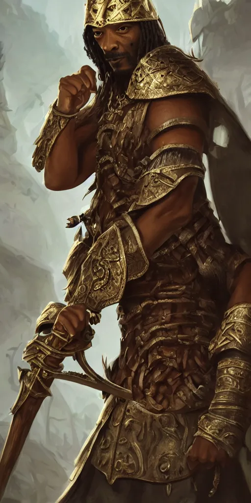 Prompt: snoop dogg as a barbarian, short beard, grumpy, plate armor, Ivan Aivakovsky, epic fantasy character art, D&D Concept Art, magic the gathering, full length, ultra Realistic, Regal, Refined, Detailed Digital Art, Exquisite detail, post-processing, masterpiece, Cinematic Lighting, Unreal Engine, 8k, HD,