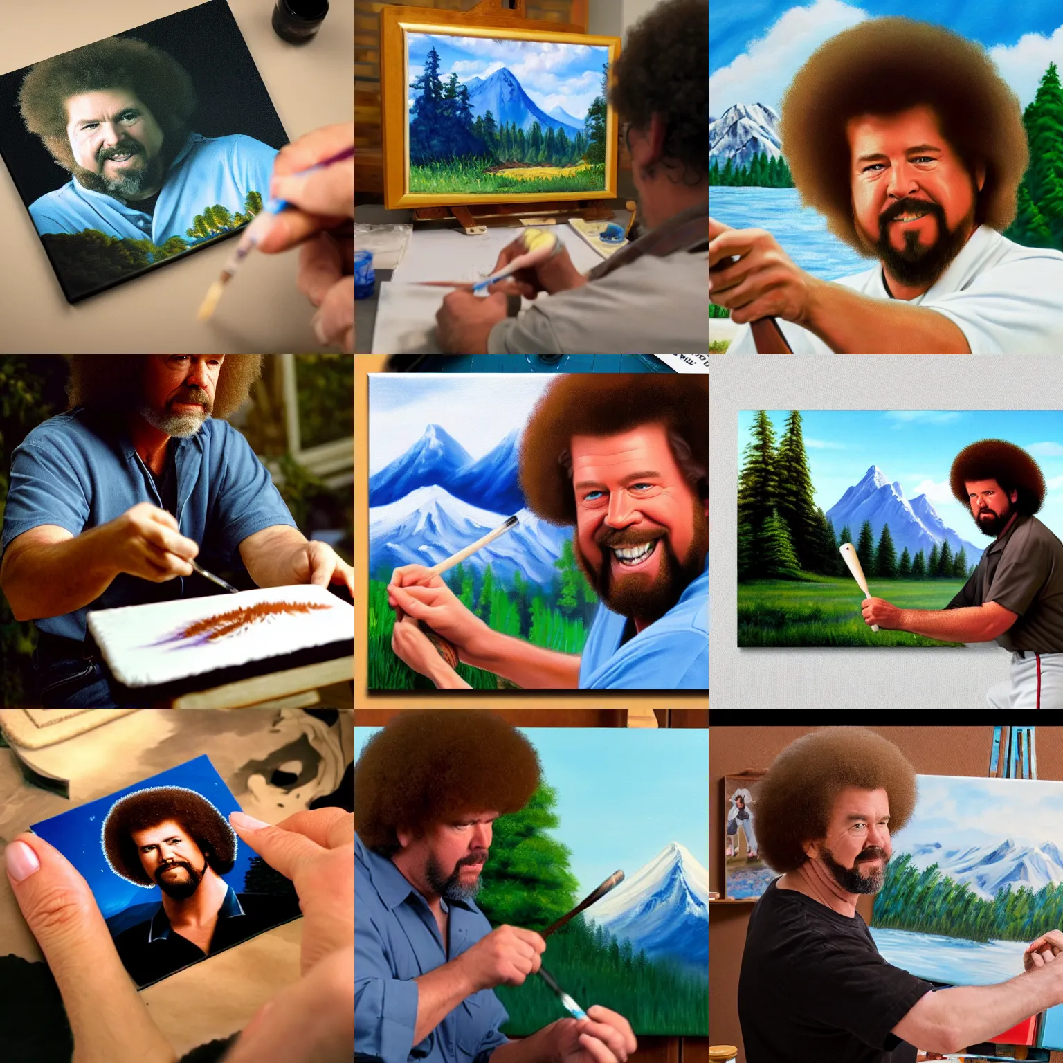 Prompt: a closeup photorealistic photograph of bob ross painting a kenny powers baseball card onto a canvas. mountains and trees. film still. brightly lit scene. this 4 k hd image is trending on artstation, featured on behance, well - rendered, extra crisp, features intricate detail, epic composition and the style of unreal engine.