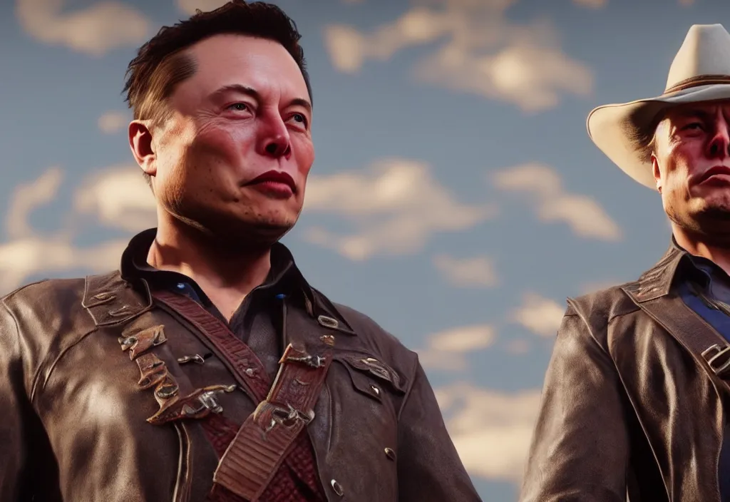 Image similar to elon musk in the red dead redemption 2, elon musk in the video game red dead redemption 2, gameplay screenshot, close up, 3 d rendering. unreal engine. amazing likeness. very detailed.