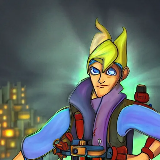 Prompt: Jak from Jak 2 in Haven City, night time, art