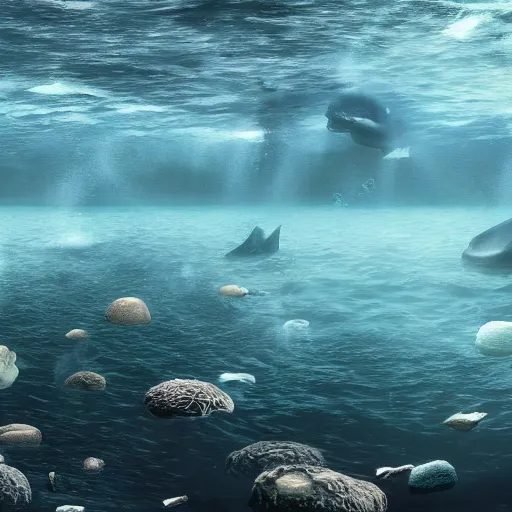 Prompt: ultra realistic underwater photography, panoramic picture of an ocean floor with large baluga whales. lots of bubbles. seaweed and some rocks. gloomy scattered light entering from the water surface, artstation, 8 k