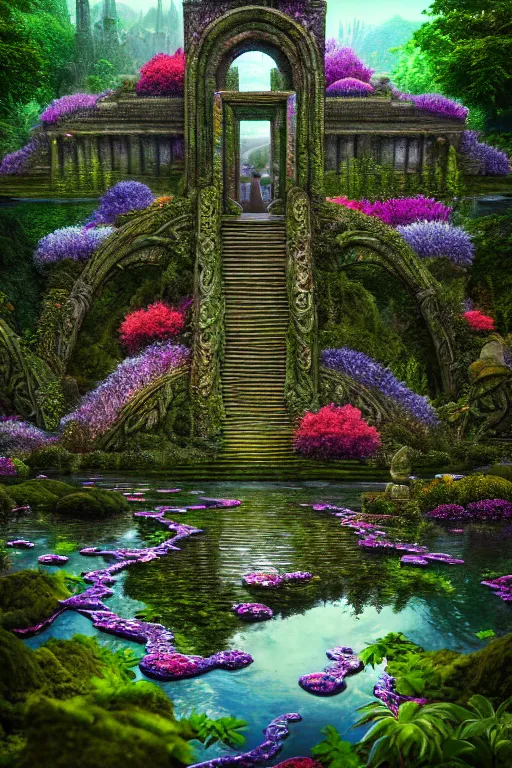 Prompt: photography of a hyper realistic lost celtic elven temple in a magical fantasy garden, mirroring water, colorful flowers, epic scale, insanely complex, hyperdetailed, sharp focus, hyper realism, artstation, cgsociety, 8 k, bright colors, by takato yamamoto, unreal engine 5