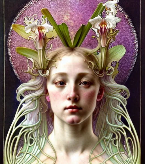 Image similar to beautiful young orchid fairy detailed realistic porcelain face portrait by jean delville, alphonse mucha, iris van herpen and charlie bowater, art forms of nature by ernst haeckel, art nouveau, symbolist, visionary, gothic, neo - gothic, pre - raphaelite, fractal lace, intricate alien botanical biodiversity, surreality, hyperdetailed ultrasharp octane render