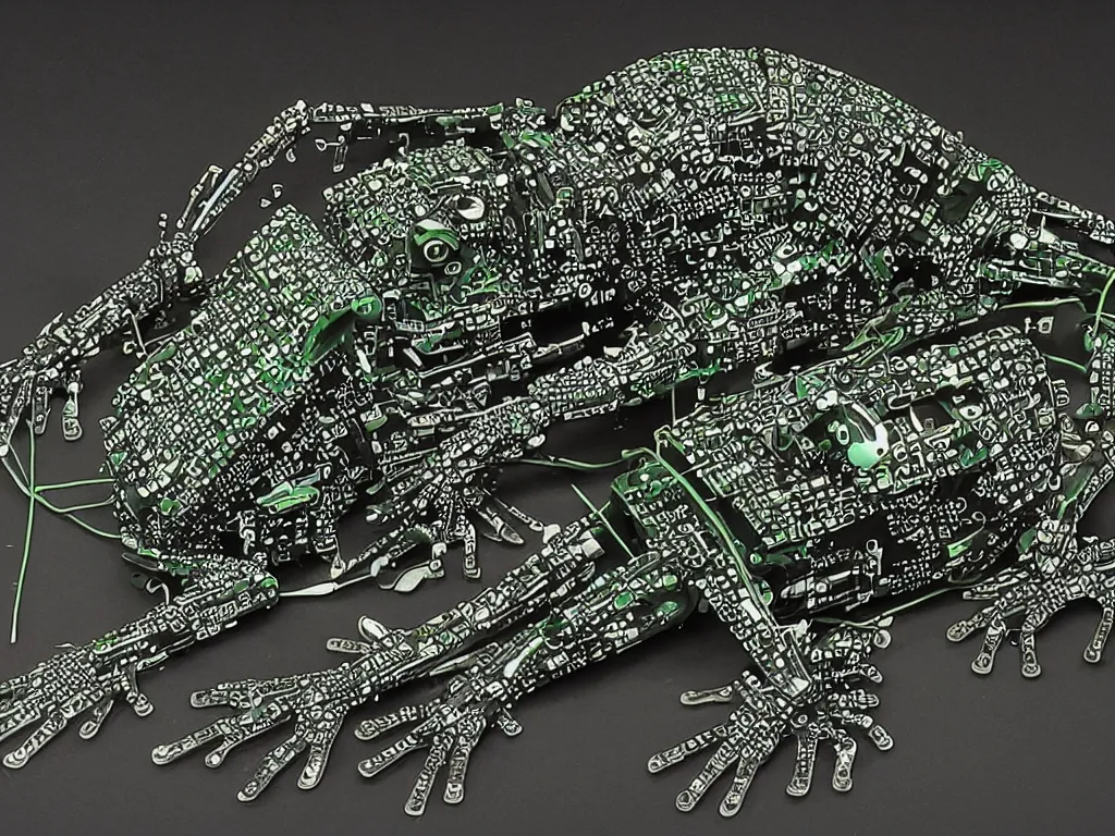 Prompt: a cyborg frog made from synthesizer parts sitting in a circuit board pond
