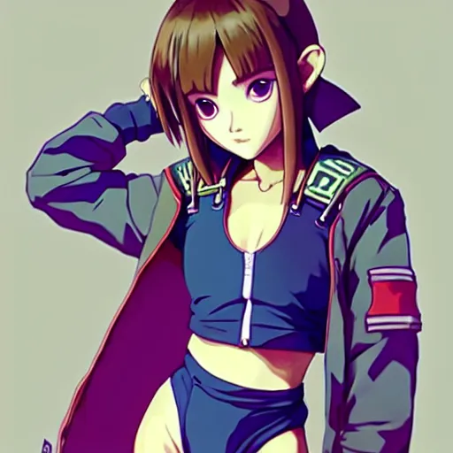 Image similar to beautiful boyish natalie portman gravure model in majora's mask, wearing big mayan bomber jacket with overalls and leotard, big bomber jacket with subtle mayan patterns, aztec bathing suit, gapmoe yandere grimdark, trending on pixiv fanbox, painted by greg rutkowski makoto shinkai takashi takeuchi studio ghibli, akihiko yoshida