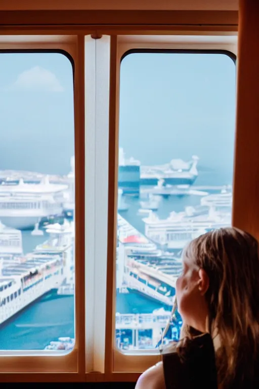 Image similar to a person looking out from a window in a cruise ship cabin