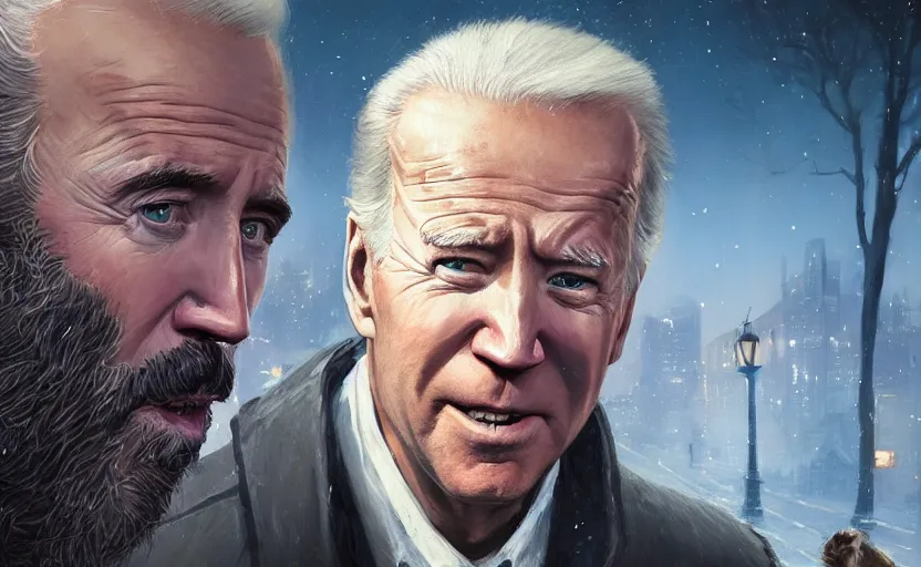 Prompt: highly detailed portrait of joe biden as a homeless, conversing with nicolas cage, stephen bliss, unreal engine, fantasy art by greg rutkowski, loish, rhads, ferdinand knab, makoto shinkai and lois van baarle, ilya kuvshinov, rossdraws, tom bagshaw, global illumination, radiant light, detailed and intricate environment