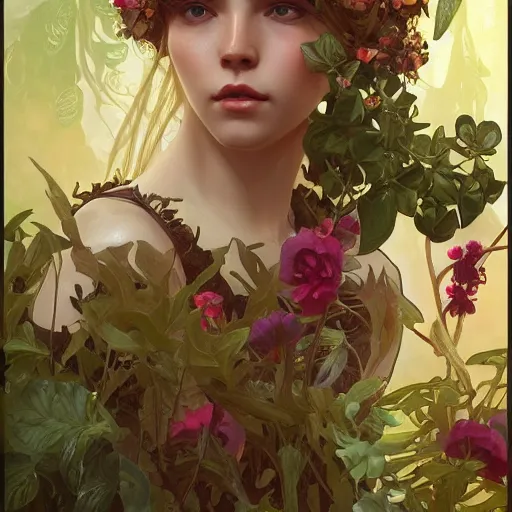 Prompt: A gorgeous young woman plant hybrid, vine and plants and flowers, intricate, digital painting, highly detailed, concept art, Artstation, Cgsociety, Artgerm, Alphonse Mucha, Wlop, cinematic lighting, sharp focus